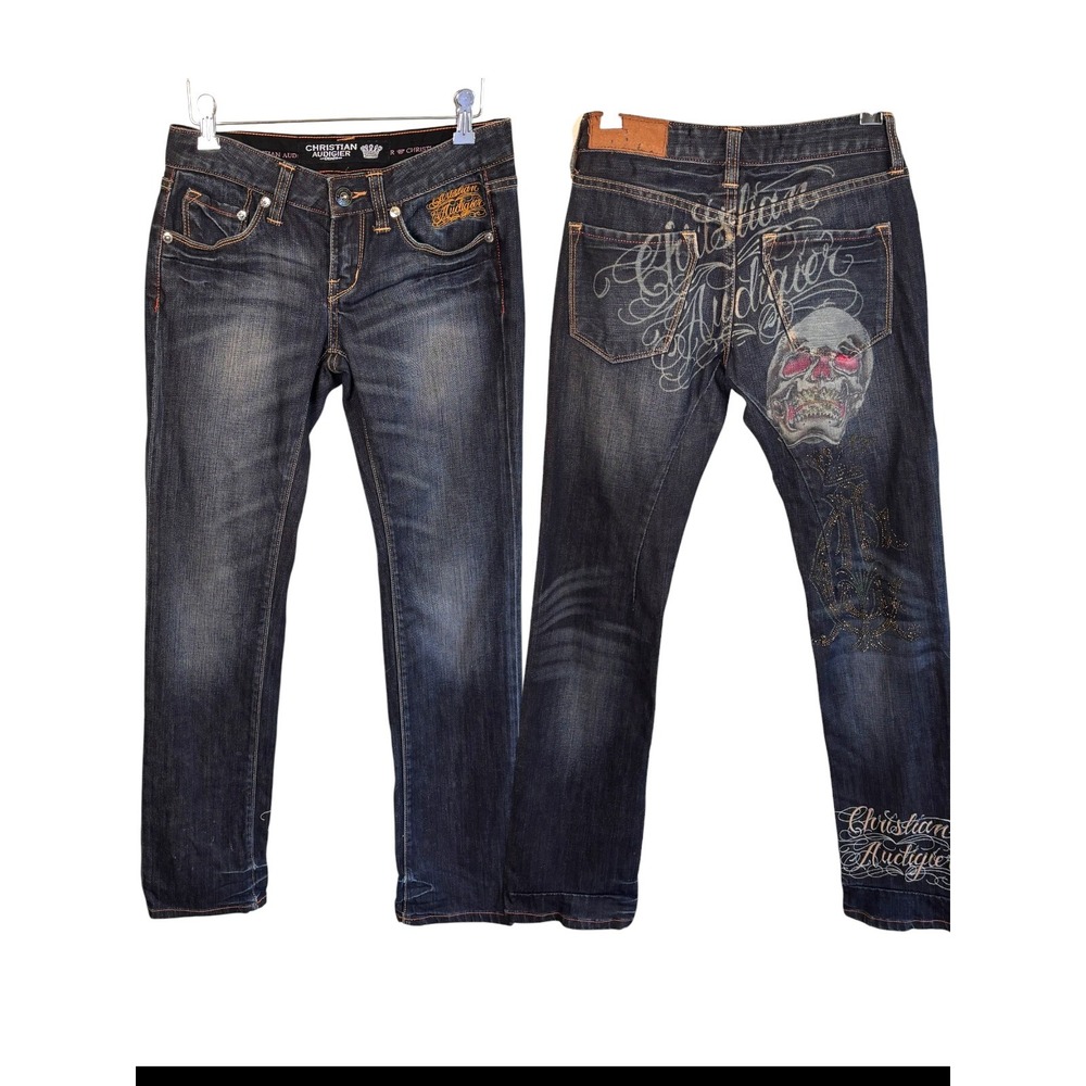 Christian Audigier Y2k Graphic Jeans Womens sz 27 Skull Rhinestone Embroidered